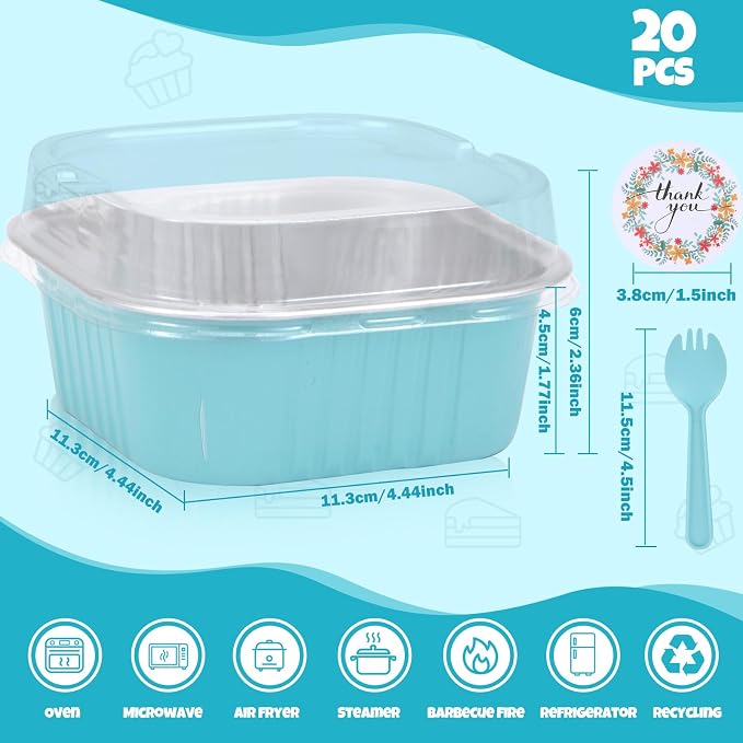 20 Pack 10oz Mini Cake Pans With Lids, Aluminum Foil Square Brownie Baking Cups,Disposable 4”x4” Large Cupcake Pan,Jumbo Muffin Tin Ramekins Holders-Blue