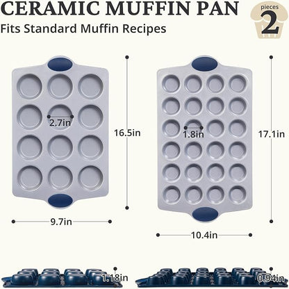 BRONYPRO 2-Pack 12 Cup and Mini 24 Cup Non Toxic Nonstick Ceramic Muffin Pan & Cupcake Tin, PFOA & PTFE Free, Heavy Duty Rust-Resistant Aluminized Steel, Oven Safe, Blue
