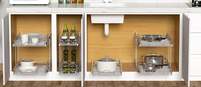 OCG 2 Tier Pull Out Cabinet Organizer (21.5" W x 21" D), Pull Out Drawers for Kitchen Cabinets, Pull Out Shelves for Base Cabinet Organization in Kitchen Bathroom Pantry, Chrome Finish