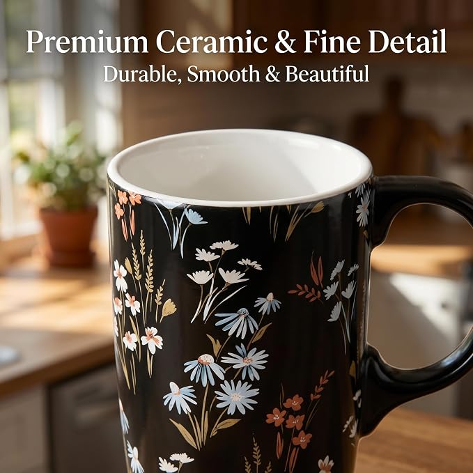 Topadorn 17oz Ceramic Travel Mug with Lid and Handle, Black Floral Coffee Cup, Tall Porcelain Mug, Microwave & Dishwasher Safe, Gift Box Included