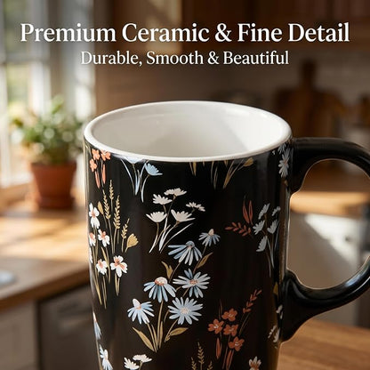Topadorn 17oz Ceramic Travel Mug with Lid and Handle, Black Floral Coffee Cup, Tall Porcelain Mug, Microwave & Dishwasher Safe, Gift Box Included