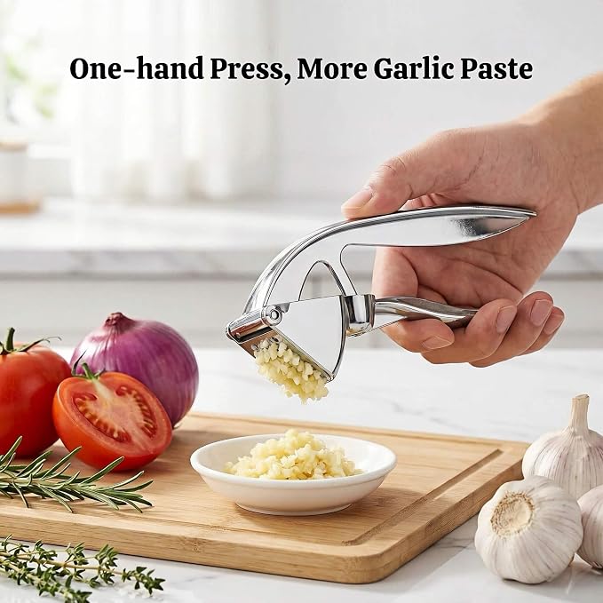 Garlic Press, Zinc Alloy Garlic Ginger Crusher & Mincer Tool Heavy Duty Garlic Mincer & Grinder with Large Chamber Multiple Studs Dishwasher Safe Ergonomic Handle Easy Squeeze Kitchen Essential