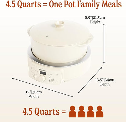 MAGNIFIQUE Slow Cooker, 4.5 Quart 8-in-1 Clay Pot Multi-Cooker, Non-Toxic Slow Cooker with Removable Clay Pot, for Rice, Pasta, Steam & Proof, Nonstick, Oven Safe Pot to 500°F, Oatmeal