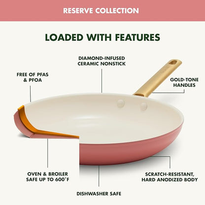 GreenPan 8" 10" & 12" 3 Piece Frying Pan Skillet Set, Healthy Ceramic Nonstick PFAS-Free Cookware, Hard Anodized Aluminum, Gold-Tone Stainless Steel Handles, Dishwasher and Oven Safe, Coral