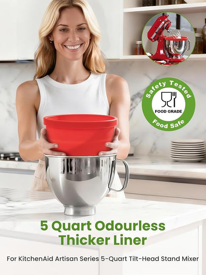 Silicone Bowl Liner for KitchenAid Tilt-Head 5QT Mixers - 3 Liners & 3 Lids Included, Non-Stick Anti-Scratch, Noise Reduction with Lids, Foldable Dishwasher Microwave Safe