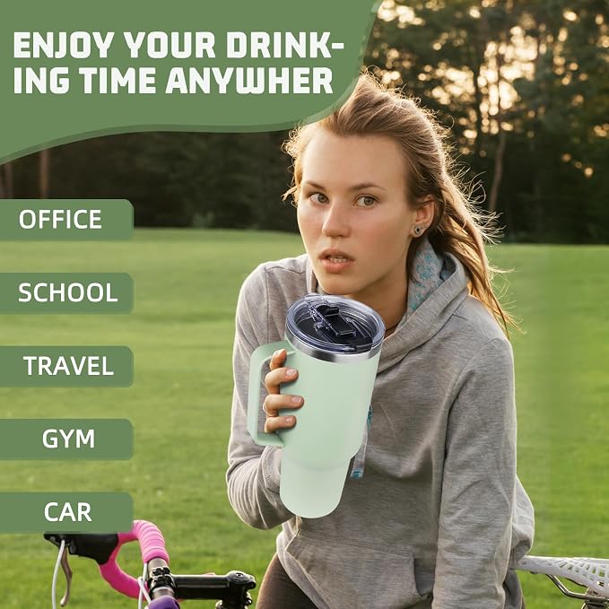 40 oz Tumbler with Handle and Flip Straw, 100% Leakproof Insulated Tumbler with Lid and Straw, Stainless Steel Travel Coffee Mug, Insulated Coffee Thermal Cup for Cold and Hot (Green Tea)