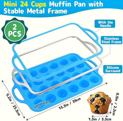 2 Pack Silicone Mini Muffin Pan with Stainless Steel Reinforced Frame 24 Cups Nonstick Mini Cupcake Pans with Handle for Baking Muffins, Cupcakes, Egg Bites, Dishwasher Safe