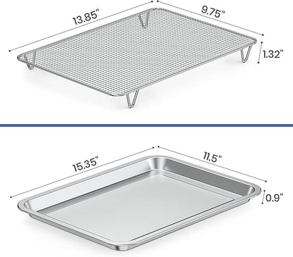Baking Sheet with Wire Rack Set, 15.35''x 11.5'' Stainless Steel Cookie Sheet and Cooling Rack, Non-stick Cooking Pan with Grease Mesh Strainer Kitchen Bakeware for Smoker and Grills,Oven Safe