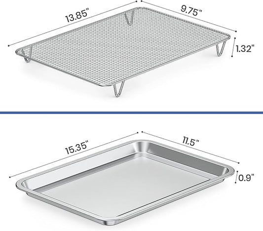 Baking Sheet with Wire Rack Set, 15.35''x 11.5'' Stainless Steel Cookie Sheet and Cooling Rack, Non-stick Cooking Pan with Grease Mesh Strainer Kitchen Bakeware for Smoker and Grills,Oven Safe