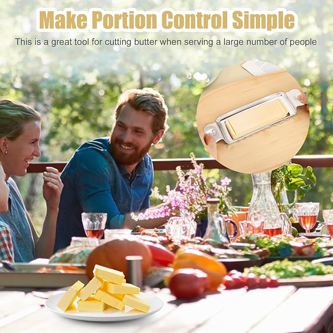 Butter slicer with a couple at a table outdoors, text about portion control.