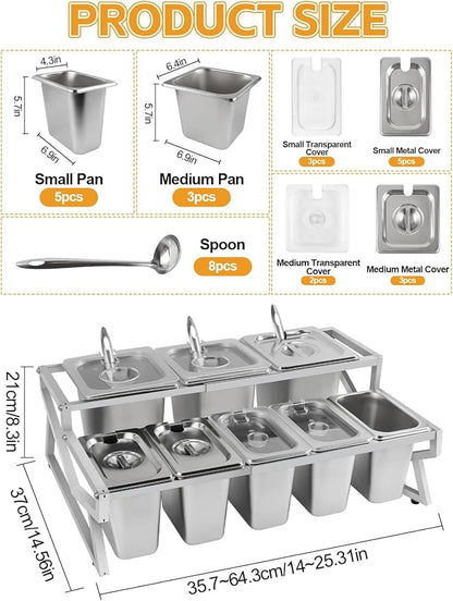 Pizza Topping Station 8 Pans Pizza Storage Container Topping containers with Lids Spoon Condiment Organizers Buffet Containers Set for Restaurant Pizza Sauce Jam Fruit Ingredient