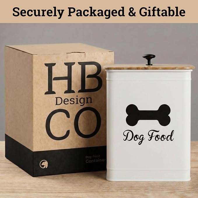 Dog Food Container Airtight 5-7 lb (25 Cup) Capacity - Cute Airtight Dog Food Storage Container with Bamboo Lid & Sturdy Metal Handle - White Metal Kibble Storage Bin for Dogs up to 50 lbs - Pet Jar