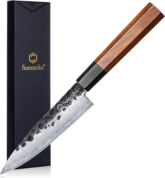 Sunnecko 5.5 Inch Paring Knife Japanese Kitchen Knife Sharp, Fruit Knife Carbon Steel 3-Layered 9CR18MOV, Rosewood Handle Gift Box