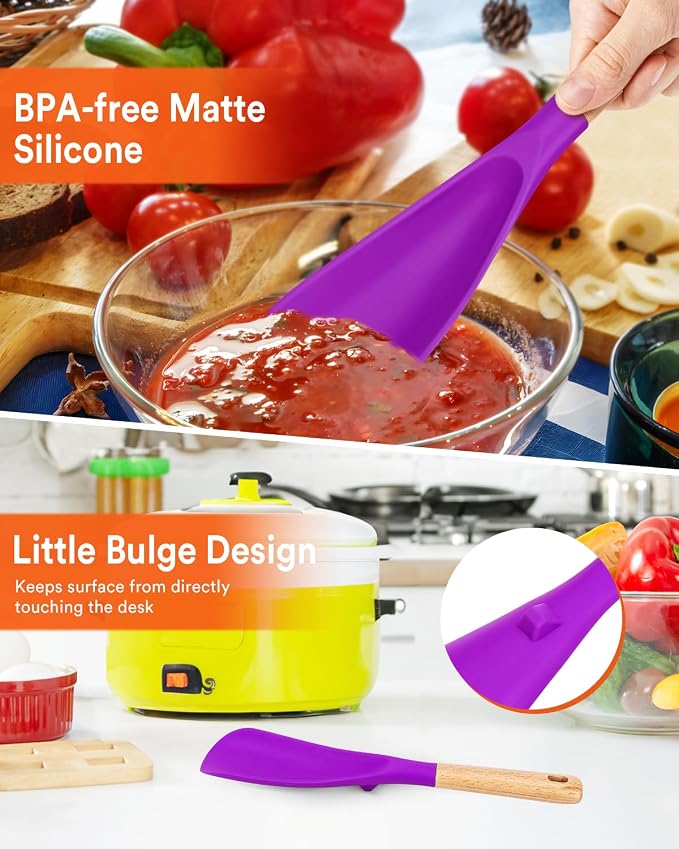 Cooking Spoon for Nonstick Cookwares, Great for Cooking and Serving Sturdy BPA-Free Matte Silicone, Wood Handle Spoon for Mixing, Scoop, and Scrape (BERRY, 11.4 inch)