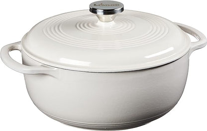 Lodge 4.5 Quart Enameled Cast Iron Dutch Oven with Lid – Dual Handles – Oven Safe up to 500° F or on Stovetop - Use to Marinate, Cook, Bake, Refrigerate and Serve – Oyster White