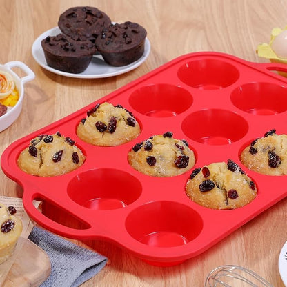 CAKETIME Silicone Muffin Pan, Metal Reinforced Frame Silicone Cupcake Pan Regular Size 12 Cups Nonstick Muffin Tins for Baking Easy to Move 2 Pack Red