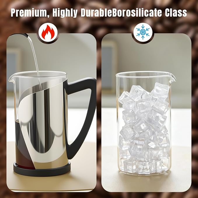 KYZ French Press Coffee Maker, 304 Stainless Steel with 4 Level Filter, 20oz Borosilicate Glass Coffee Press, Heat Resistant, Easy to Clean, 100% BPA Free for Coffee & Tea