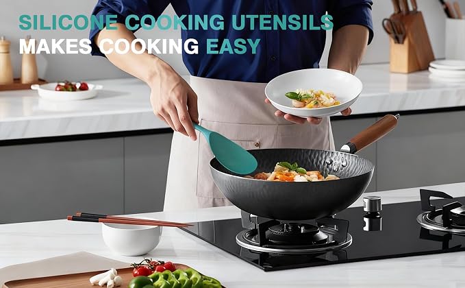 5-Piece Silicone Cooking Utensil Set, Food Grade Non-Stick Spatula and Ladle Set for Kitchen - Dishwasher Safe, Heat Resistant, Easy to Clean (Deep Green)