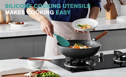 5-Piece Silicone Cooking Utensil Set, Food Grade Non-Stick Spatula and Ladle Set for Kitchen - Dishwasher Safe, Heat Resistant, Easy to Clean (Deep Green)