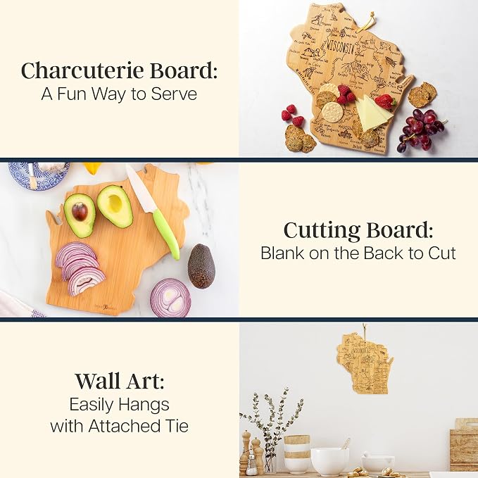 Totally Bamboo Destination Wisconsin State Shaped Serving and Cutting Board, Includes Hang Tie for Wall Display