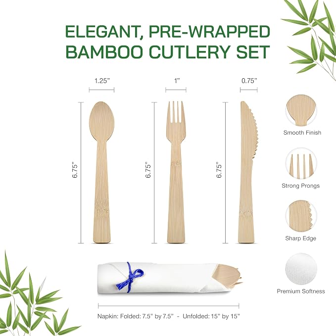Prerolled Disposable Bamboo Cutlery Set – 25 Pack Pre Wrapped Silverware and Napkin Bundle with Forks, Knives, Spoons for Parties, Weddings, Events, and BBQ (Blue String)