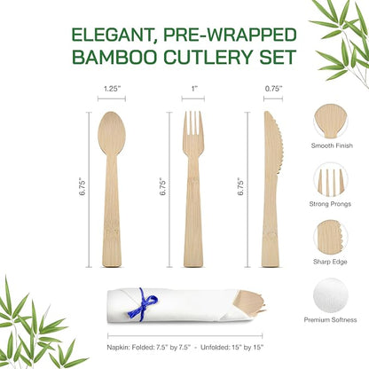 Prerolled Disposable Bamboo Cutlery Set – 50 Pack Pre Wrapped Silverware and Napkin Bundle with Forks, Knives, Spoons for Parties, Weddings, Events, and BBQ (Blue String)