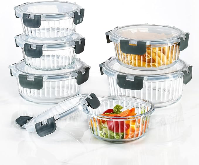 Glass Fluted Ombre grey Leak-Proof 6-Piece Set Food Storage Containers, Food Containers with Lids, Meal Prep Containers. (Round)