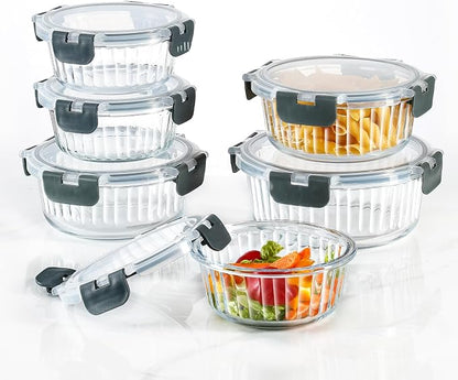 Glass Fluted Ombre grey Leak-Proof 6-Piece Set Food Storage Containers, Food Containers with Lids, Meal Prep Containers. (Round)