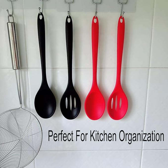 Kitchen Silicone Cooking Spoon,Nonstick Mixing Serving Spoons Set for Cooking,Slotted and Solid Serving Spoon Heat Resistant,Silicone Mixing Basting Stirring Spoons for Bake Stir Cookware 4 PCS