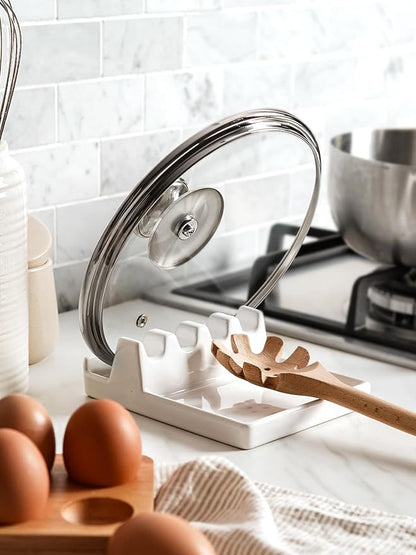 LE TAUCI Ceramic Spoon Rest with Lid Holder for Stove Top, Multi-Utensil Spoon and Pot Lid Rest for Kitchen Counter, 6.2" Heavy Duty Spatula Ladle Holder with Drip Pad, Kitchen Gadgets, White
