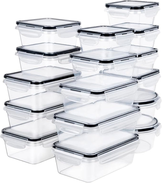 FOOYOO 32 Piece Food Storage Container with Lids (16 Containers + 16 Lids) - Plastic Food Containers with Lid, Airtight Leak Proof Snap Lock, BPA Free Storage Containers