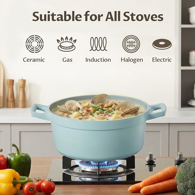 BEZIA 5.7 Quart Nonstick Ceramic Stock Pot with Lid, Lightweight Die-Cast Aluminum Dutch Oven Style Cooking Pot for Soup, Family Stew & Braising, Oven Safe Casserole, Induction Ready, for 3-5 People