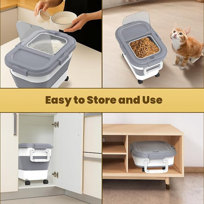 HOYTAMDA 20-30Lbs Rice Container,Collapsible Airtight Food Storage Containers with Wheels,Handle,Rice Storage Container with Small Bin and Scoop