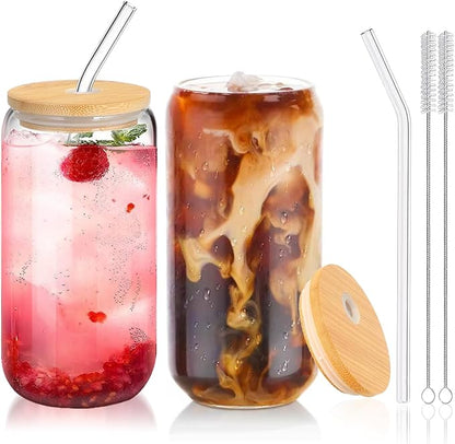 Glass Cups with Lids and Straws 2 Pack, 16 oz Iced Coffee Cups with Bamboo Lids, Reusable Glass Straws and Brushes for Matcha, Soda, Tea and Milk Tea