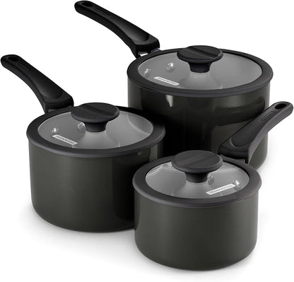Tramontina Ceramic Non Stick 6-Piece Nesting Sauce Pan Set with Lids - Stackable Nonstick Cookware Set, Dishwasher and Oven Safe, Dark Gray