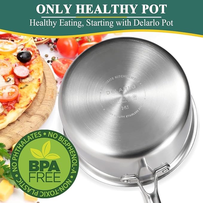 DELARLO Tri-Ply Whole-Clad Stainless Saucepan 3.5 Quart Steamer Set With Glass Lid, Ergonomic Handle, Vegetable Steamer, Steamer for Cooking, Multipurpose Sauce Pan, Kitchen Sauce Pot, Oven Safe