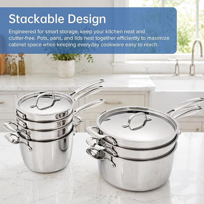 Nuwave 9pc Stainless Steel Pro-Smart Cookware Set, Tri-Ply Heavy-Duty Construction, Ergonomic Stay-Cool Handles, Duralon Blue Healthy Non-Stick Ceramic Coating, Induction-Ready & Works on All Cooktops