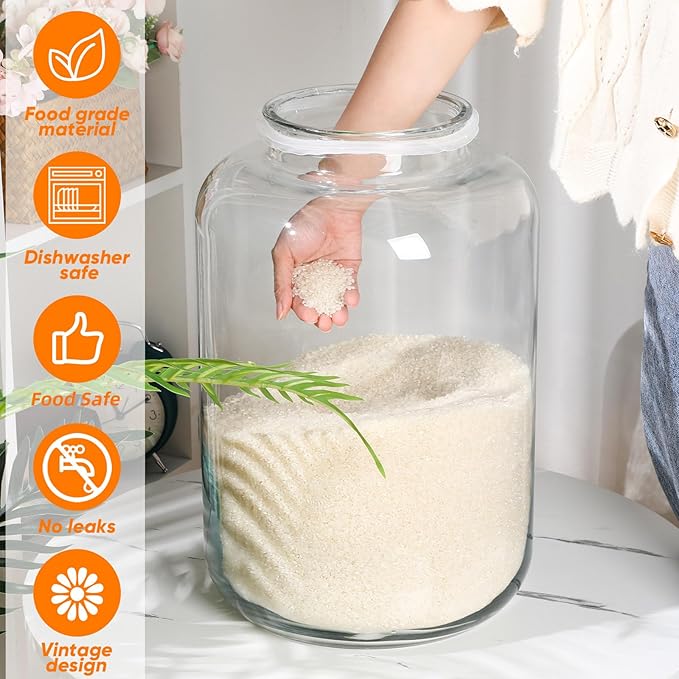 Hushee 6 Gallon Large Glass Jar with Metal Lid Wide Mouth Cookie Jars with Scoop Labels Marker Airtight Canning Canisters Heavy Duty Glass Food Storage Containers for Storing Flour Rice Sugar Nuts