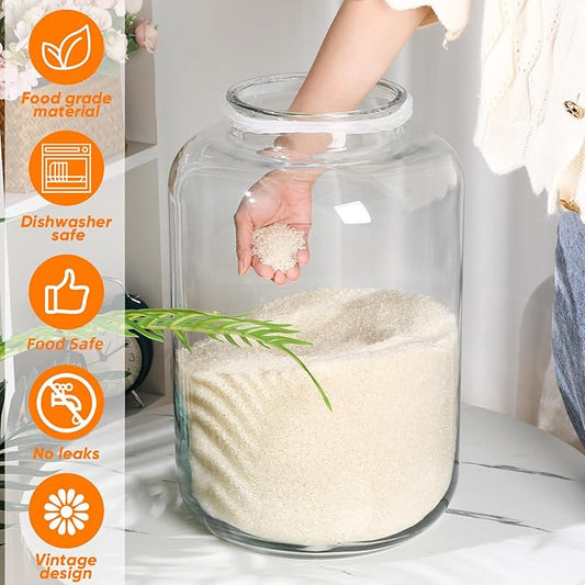 Hushee 6 Gallon Large Glass Jar with Metal Lid Wide Mouth Cookie Jars with Scoop Labels Marker Airtight Canning Canisters Heavy Duty Glass Food Storage Containers for Storing Flour Rice Sugar Nuts