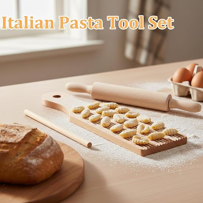 Gnocchi Boards and Ravioli Rolling Pin, Wood Pasta Roller Pin Ravioli Stamp Maker Homemade Pasta Making and Cutting Tools for Cooking Lovers Baking Easy to Use and Clean