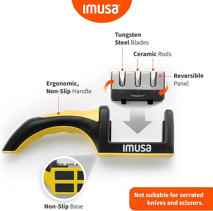 IMUSA Knife Sharpener – Kitchen Knife Sharpener with 3-Stage Stainless Steel Blade Sharpener Design – Easy to Use, Ergonomic Manual Knife Sharpening Kit with Non-Slip Base (Yellow)