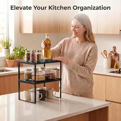 Kitchen Cabinet Organizer Shelf, Set of 2 Stackable Spice Rack Storage, Heavy Duty Metal & Wood Countertop Display Stand for Seasoning Bottles, Jars & Pantry Essentials（Black）