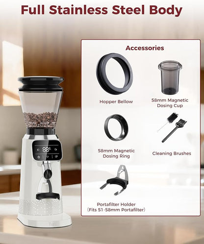 Tuni G2 Ivory Conical Burr Coffee Grinder with Black Digital Coffee Scale, 70 Grind Settings Anti-static Coffee Bean Grinder for Espresso/Drip/Cold Brew/French Press