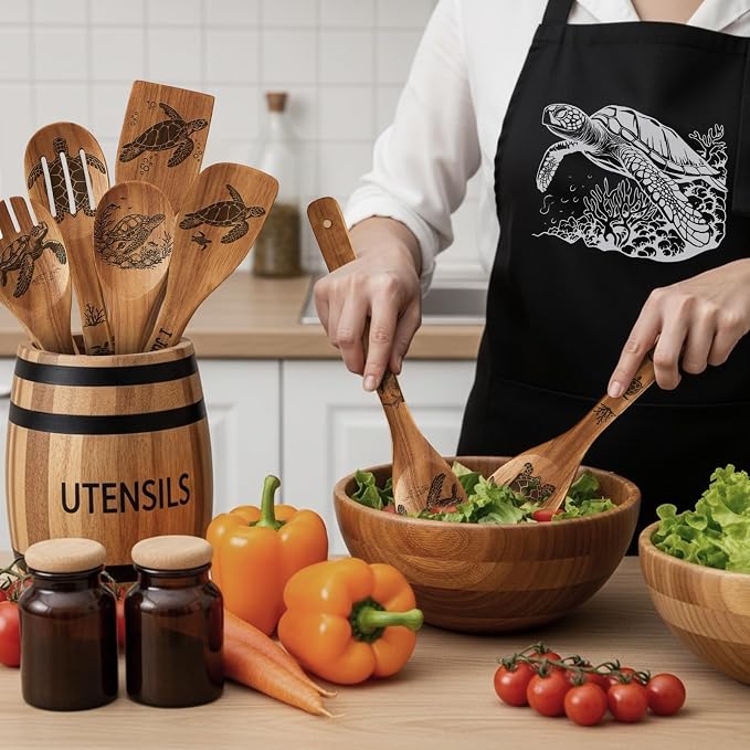 Remerry 6 Pcs Sea turtle Gifts for Women Sea turtle Kitchen Gift Set with Acacia Cooking Spoons Apron Christmas Kitchen Cooking Utensils Set for Christmas Mother's Day Housewarming Gift
