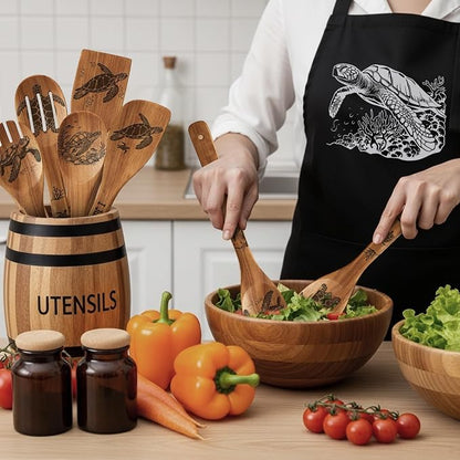 Remerry 6 Pcs Sea turtle Gifts for Women Sea turtle Kitchen Gift Set with Acacia Cooking Spoons Apron Christmas Kitchen Cooking Utensils Set for Christmas Mother's Day Housewarming Gift