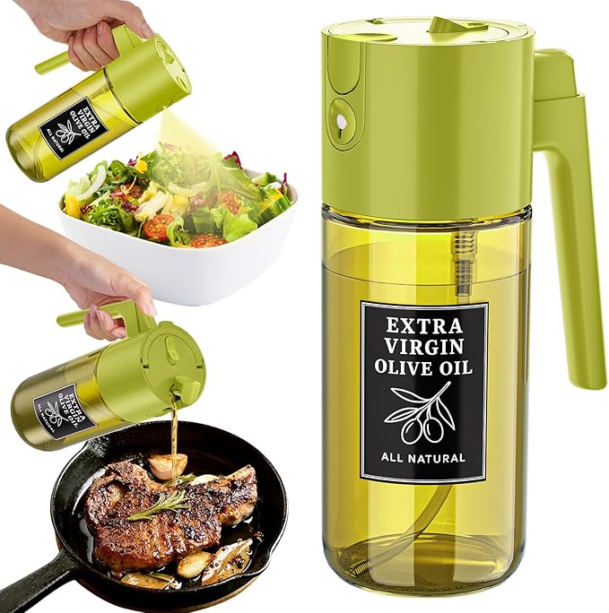 500ml Green Olive Oil Sprayer, Dark-Tinted Glass Spray Bottle for Salad, Air Fryer Vegetables, Controlled Oil Use, Refillable 2-in-1 Dispenser