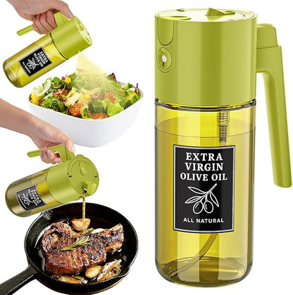500ml Green Olive Oil Sprayer, Dark-Tinted Glass Spray Bottle for Salad, Air Fryer Vegetables, Controlled Oil Use, Refillable 2-in-1 Dispenser