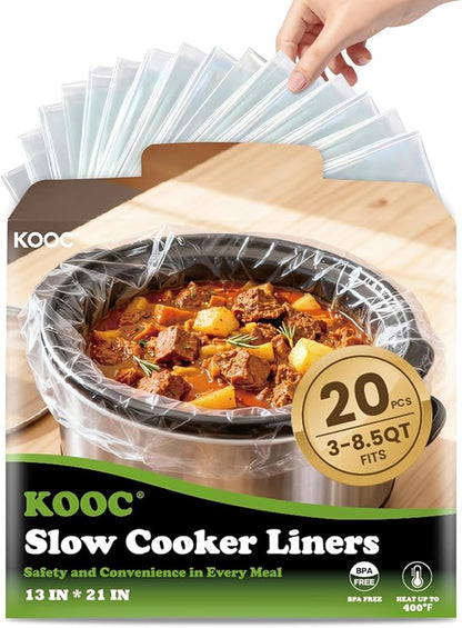 KOOC Slow Cooker Liners, 20 count 13" x 21" Large Size Cooking Bags Fits 3-8 Quart Pots, Disposable Pot Liners Suitable for Oval & Round & Retangular Pot