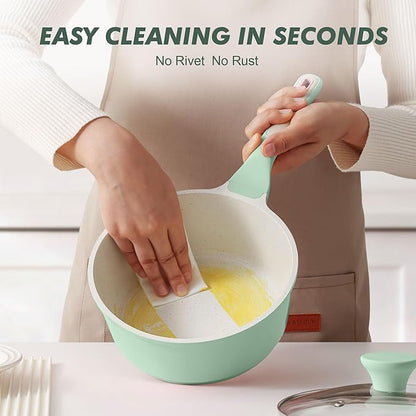 SENSARTE Ceramic Nonstick Saucepan with Lid 1.5 Quarts, Small Kitchen Cooking Pot with Stay Cool Handle, Induction Compatible, Ceramic Coating, Free of Intentionally Added PTFE/PFOA/PFAS, Green