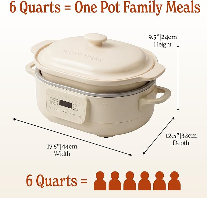 MAGNIFIQUE 6 Quart Programmable Casserole Slow Cooker, 8-in-1 Multi Cooker with Removable Non-Toxic Stoneware Crock, Claypot Slow Cooker, Rice-cooking, Nonstick, Oven Safe Pot to 450°F, Oatmeal